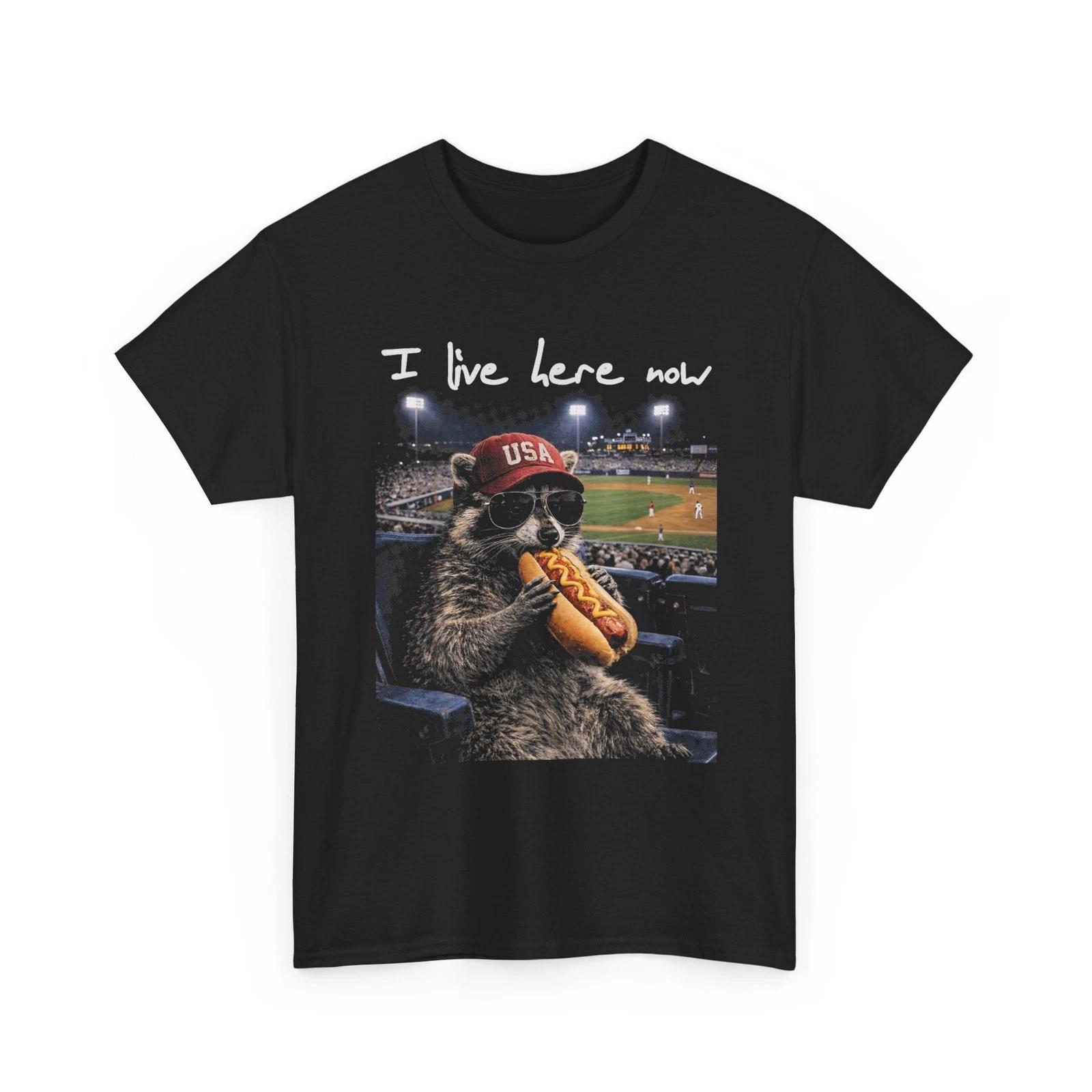 

Funny Raccoon Ballfield Hot-Dog Shirt, Baseball I Live Here Now T shirt 2XL