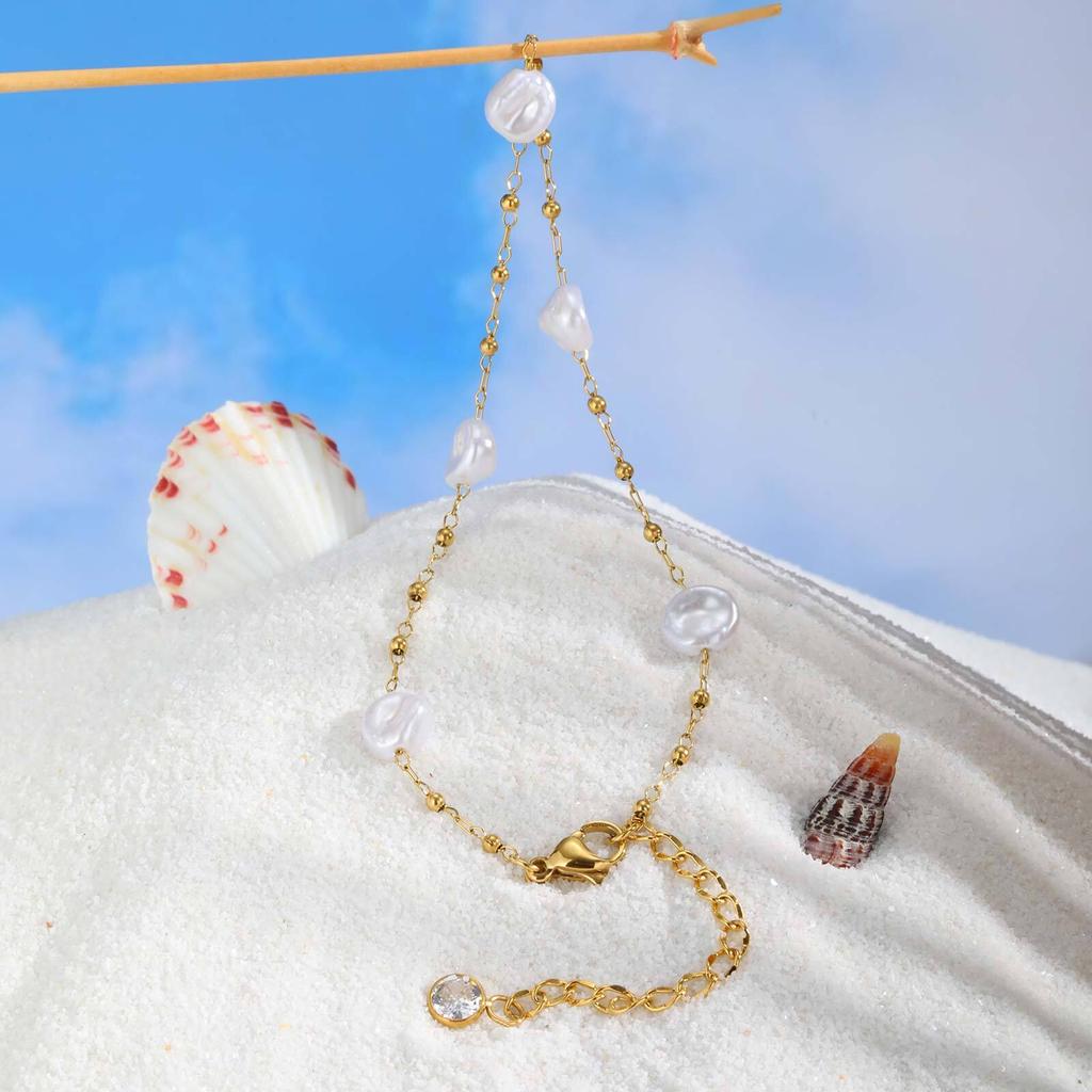 Waterproof Pearl Anklet, Stainless Steel Anklets Beads Link Chain Adjustable, Fashion Jewelry for Women Mom Wife Girlfriend