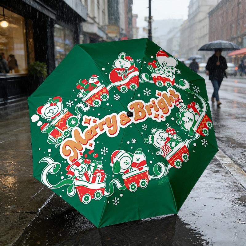 Christmas Train 8 Ribs 3Fold Black Glue Uv Protection Umbrella Sun Protection Rainproof Compact Folding Umbrella For Travel Daily Use C9241831