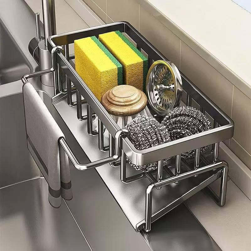 Stainless Steel Multi-Functional Sink Rack - No-Punch Dish and Rag Storage