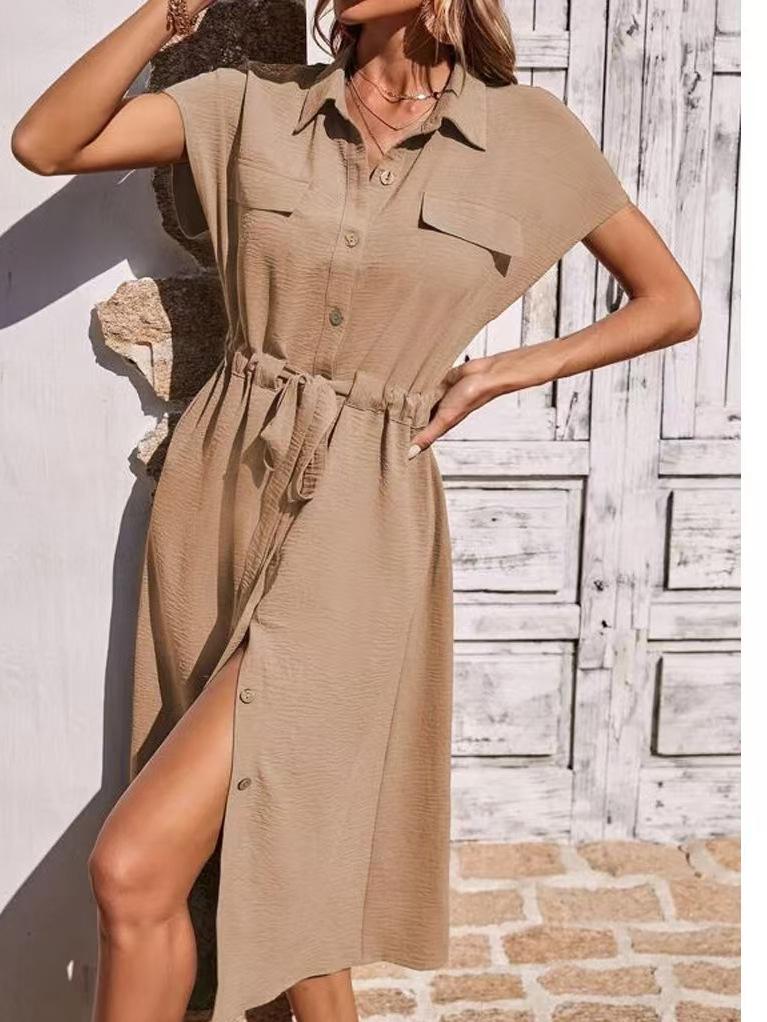 2024 Women's Fashionable Shirt Collar Waist-Cinching Dress with Waistband