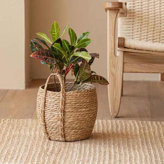 Round Wicker Planter Basket with Handles Indoor Outdoor Plants Rattan Woven Planter Pot Home Living Room Balcony Garden Decorative Flower Pot
