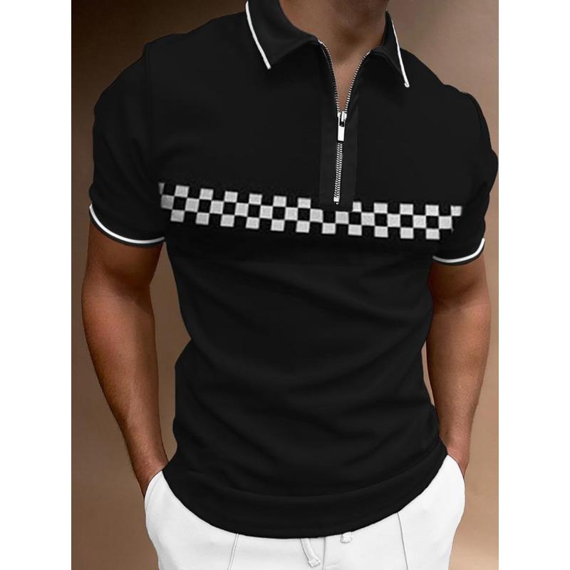 Men S Short Sleeve Polo Shirt Color Block Zip Detail Loose Fit Casual Top