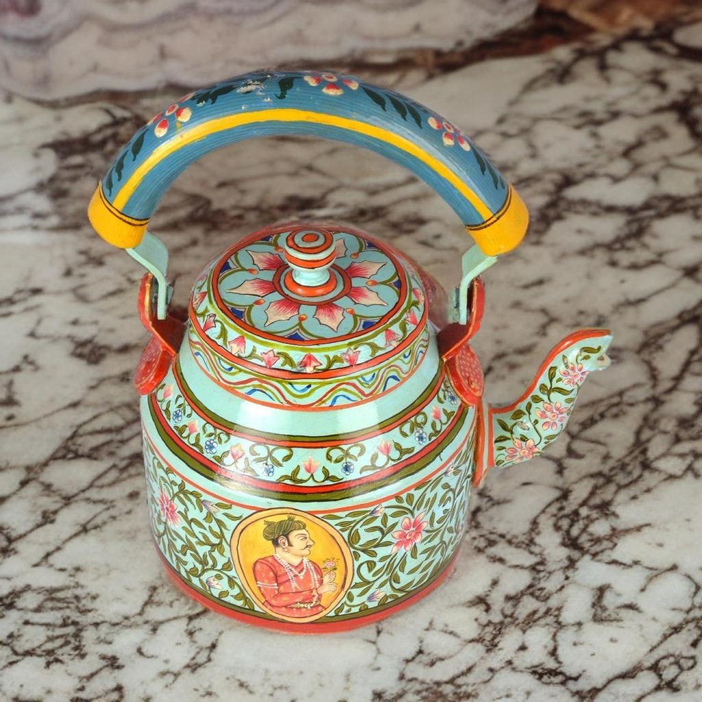 Traditional Handpainted Aluminum Kettle Tea Pot for Serving (Blue and White)