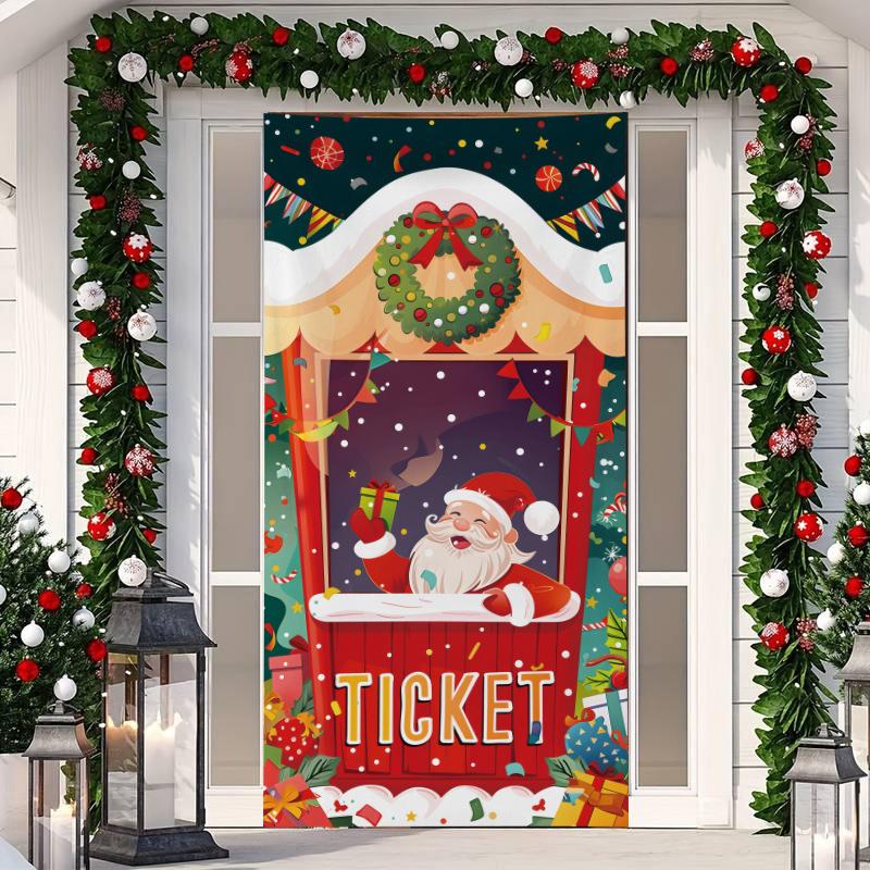 1 ks Veselé Vánoce Kryt na dveře Banner Polyester Vzor Santa Clause pro Štědrý večer Novoroční sváteční párty Vchodové dveře Domácí nástěnná dekorace