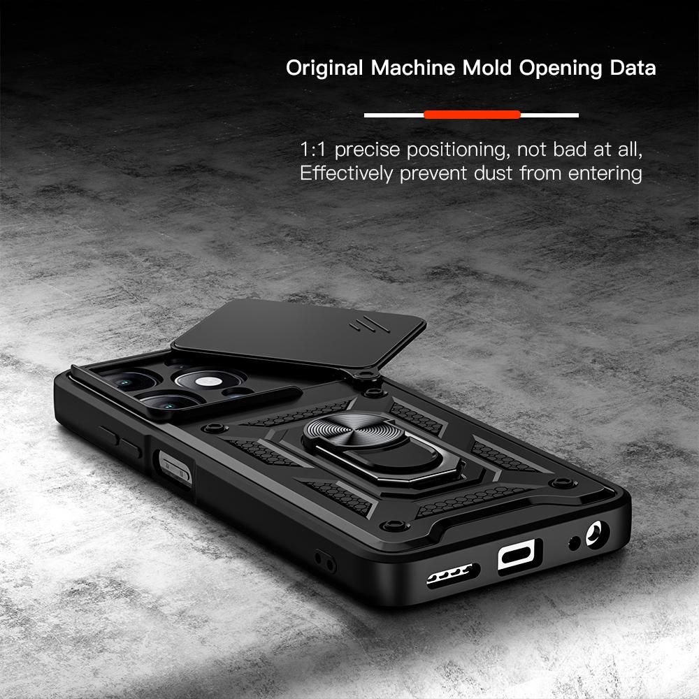 KEYSION Shockproof Armor Case for Itel A90 4G Silicone+PC Slide Camera Lens Protection Ring Stand Phone Back Cover for Itel A90