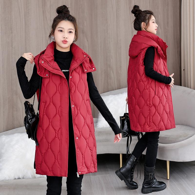 New Rhombus Grid Down Cotton Vest Women's Medium and Long Loose Hooded Vest