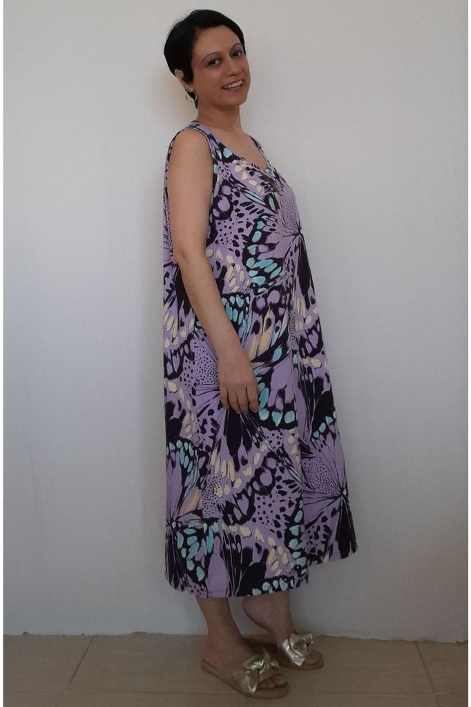 Rochie de damă mărime mare cu bretele groase, liliac cu model, din bumbac pieptănat și viscoză