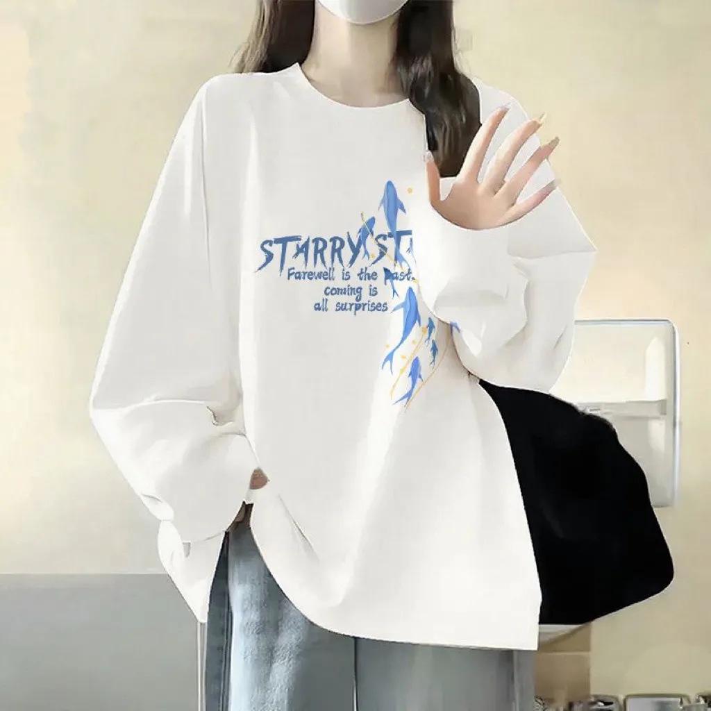

2025 Spring/Autumn Women s INS Style Pure Cotton Long Sleeve Tee - Korean Simple BF Couple Round Neck Top XL for 121-135 jin