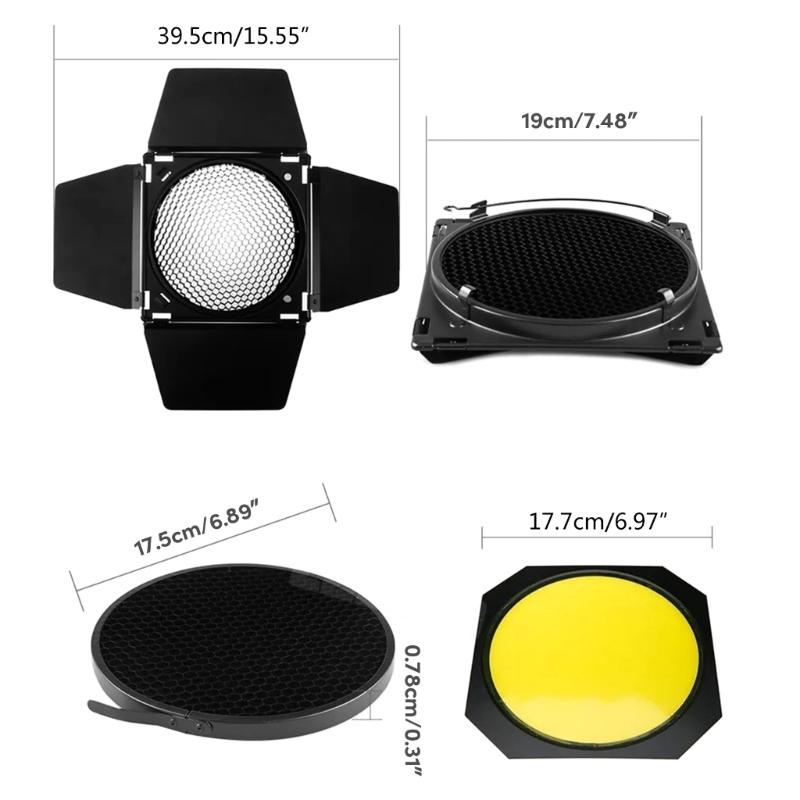 Barn Door & Honeycomb Grid &4 Color Gel Filters for 7Inch Standard Reflectors Studio Hing Accessories Kit