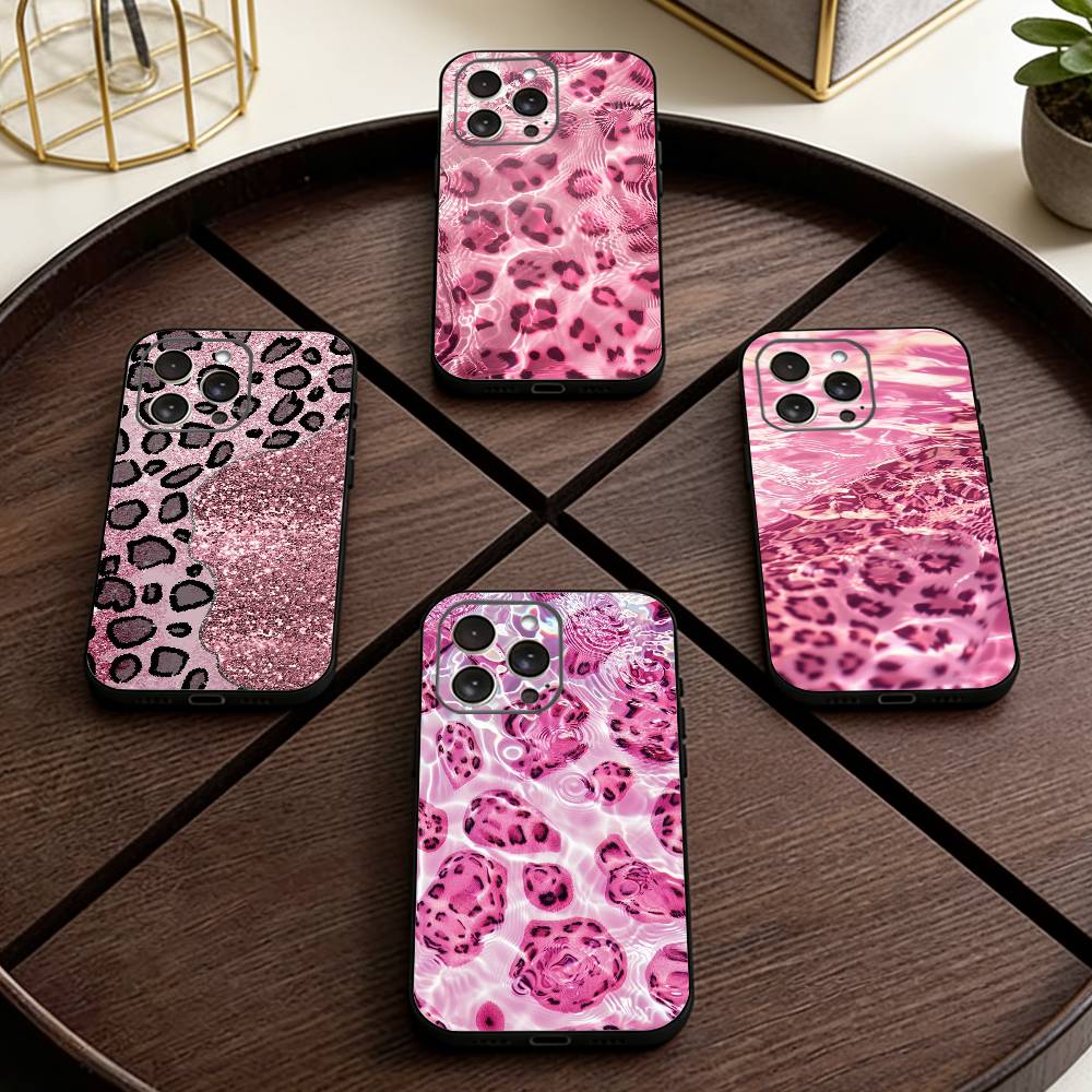 Fashion Pink Leopard Print Phone Case For iPhone 17,16,15,14,13,12,11 Plus,Pro Max,XS,Soft Silicone Black Cover