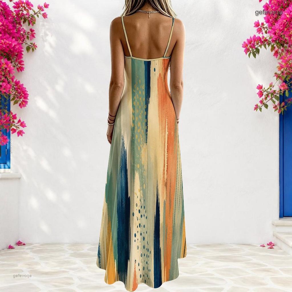 Women Plus Size Spaghetti Strap V Neck Sleeveless A Line Blue Black Printed Long Dress