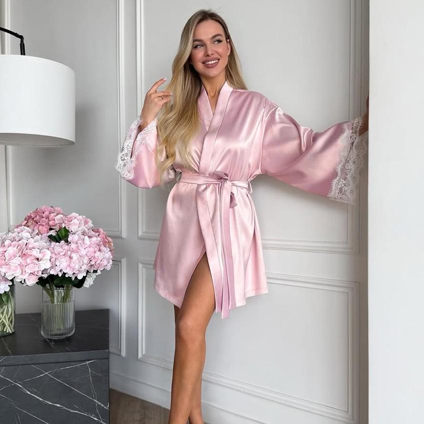 Pajamas Women's Autumn Pink Lace Edge Satin Comfortable Long Sleeve Pajamas Bathrobes Comfortable Women's Loungewear