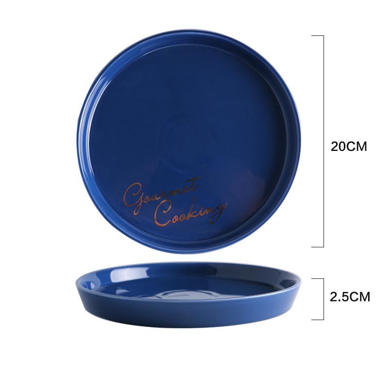 1pc European Style Salad Plate Blue Ceramic Dinner Dishes Gold-rimmed Dinnerware Pasta Rice Plate Dish 8 inch