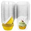 100Pcs Cupcake Containers With Gold Cupcake Liners Individual Cupcake Holder Plastic Single Cupcake Carrier With Lid For Dessert Cheesecake Muffin