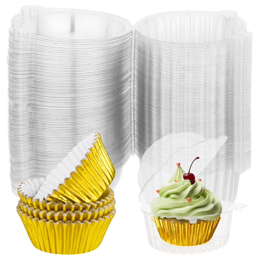 100Pcs Cupcake Containers With Gold Cupcake Liners Individual Cupcake Holder Plastic Single Cupcake Carrier With Lid For Dessert Cheesecake Muffin