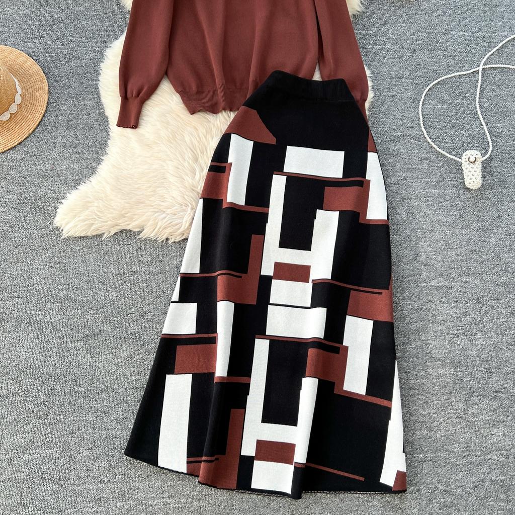 Høst Vinter Kvinner Elegant Strikket Genser Kontor Todelt Sett Ståkrage Pullover Topper og Lang Maxi Skjørt Dress