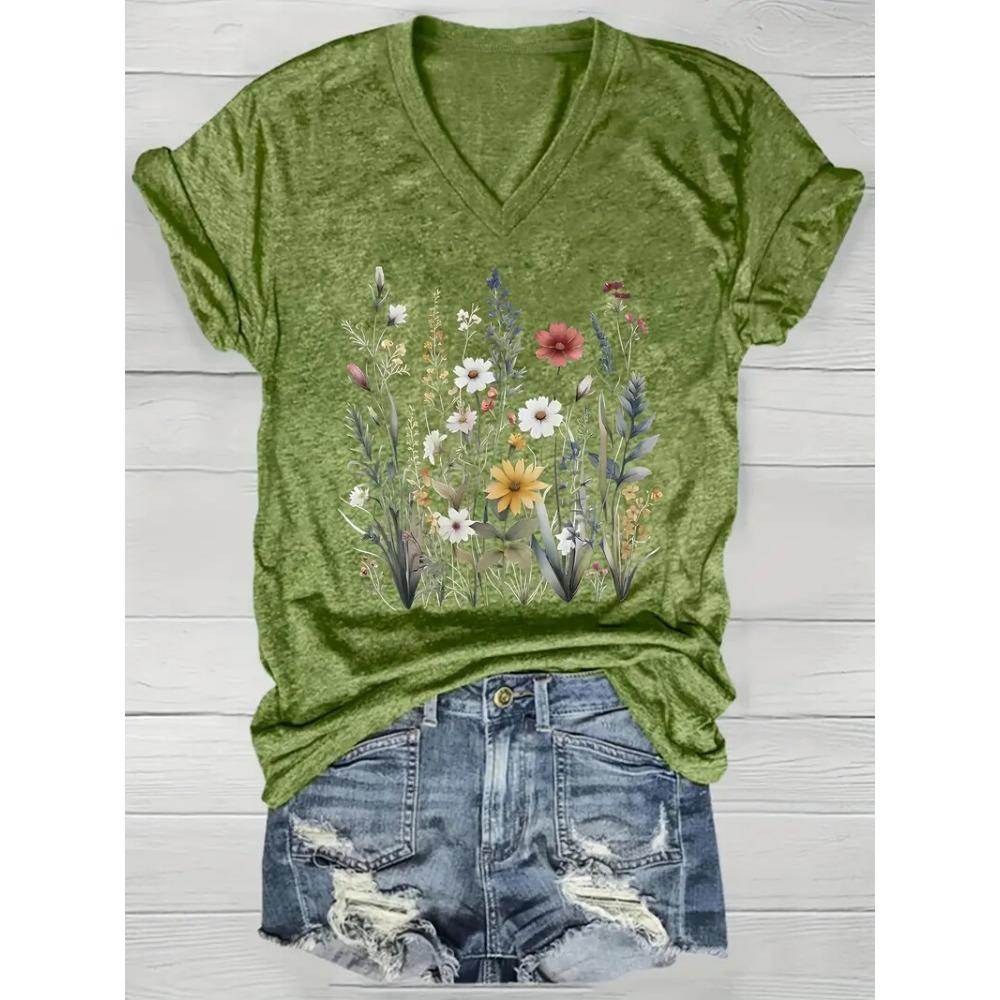 Summer Outdoor Women's T-Shirt Casual V-Neck Short Sleeve Tops Floral Butterfly Print Street Fashion Female Oversize Clothing