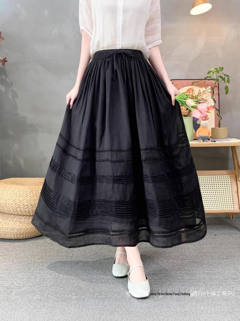 2026 Spring/Summer Women's Romantic Pleated Ramie Skirt with Elastic Waist - Artistic Retro Style