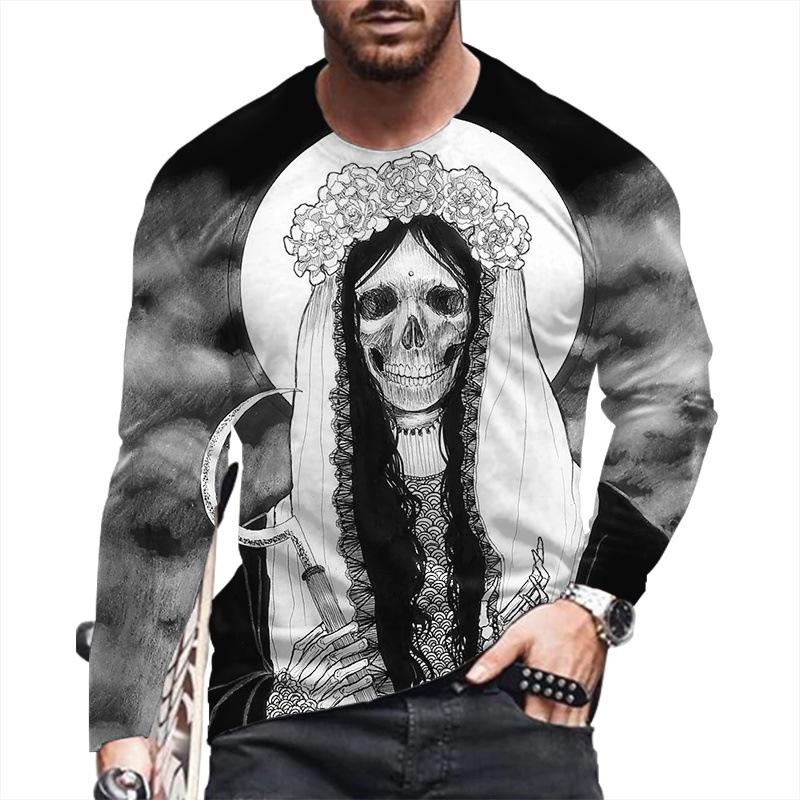 Autumn Winter Men's Christmas Pullover Long Sleeve Top Loose Fit Spring Skeleton Youth Men Round Neck Casual T-shirt