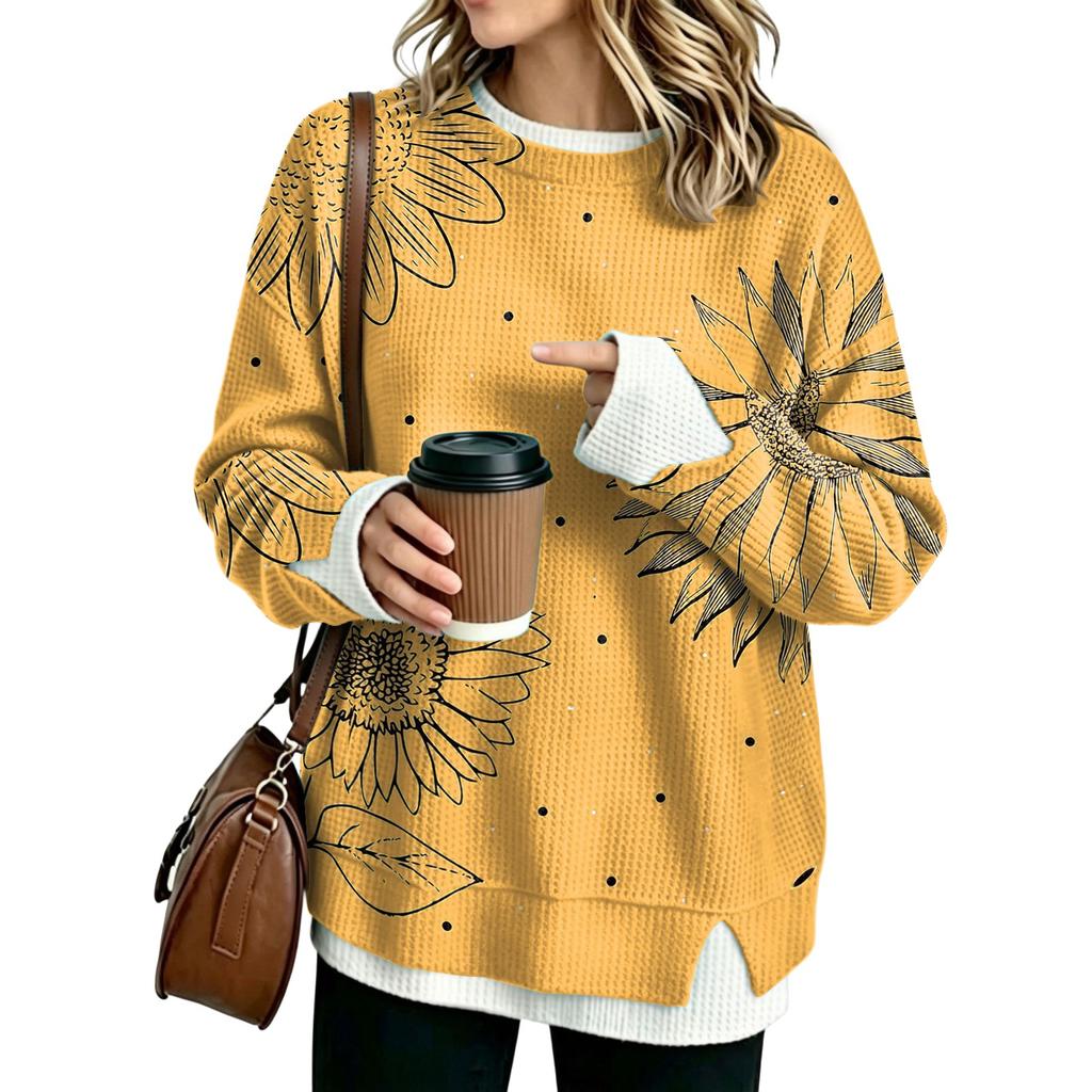 Women's Flannel Floral Print Top Round Neck Two Piece Spliced Blouse for Casual Wear
