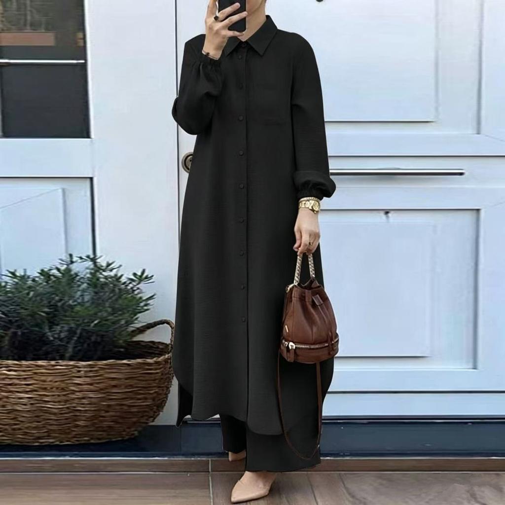 Women Solid Two Piece Outfit Lapel Long Shirt Maxi Blouse Wide Leg Pants Set Elegant Modest Muslim Abaya Suit Spring Daily Wear For Middle East Market