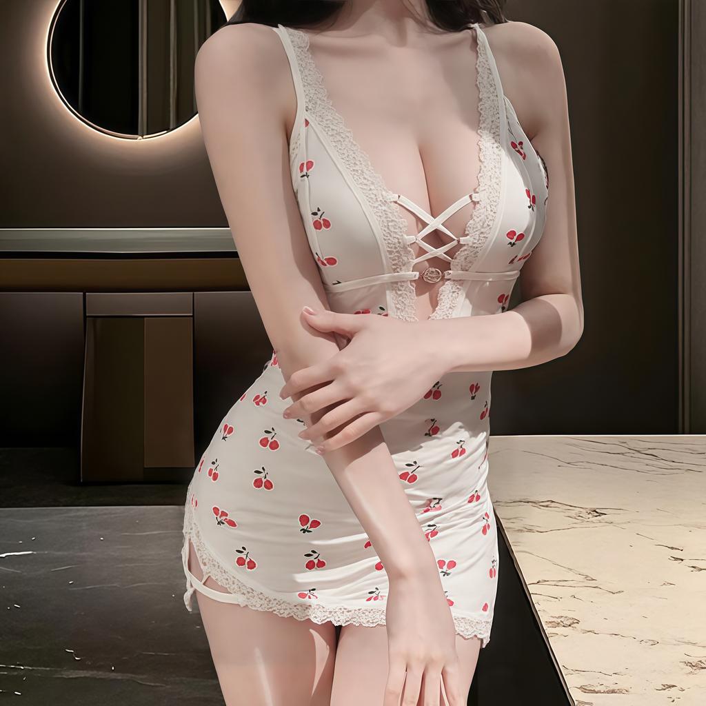 Sex Unterwäsche Mädchen sexy kostenlos kleine Brust Pyjamas süß reine Begierde Bett Versuchung Kirsche Nachthemd Träger Hüftwickel