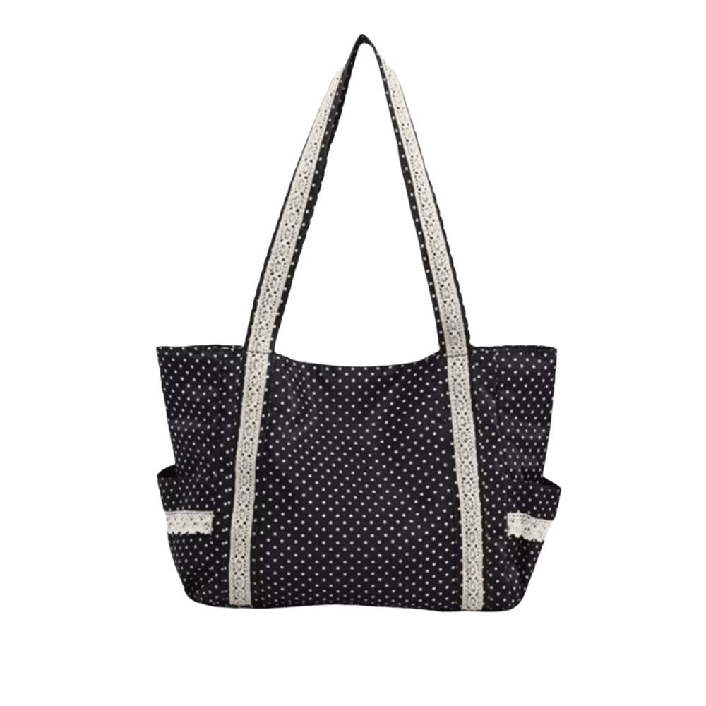 Sweet Polka Dot Shoulder Bag Multi Pocket Handbag Trendy Design Canvas Tote Bag  Literary Work чёрный