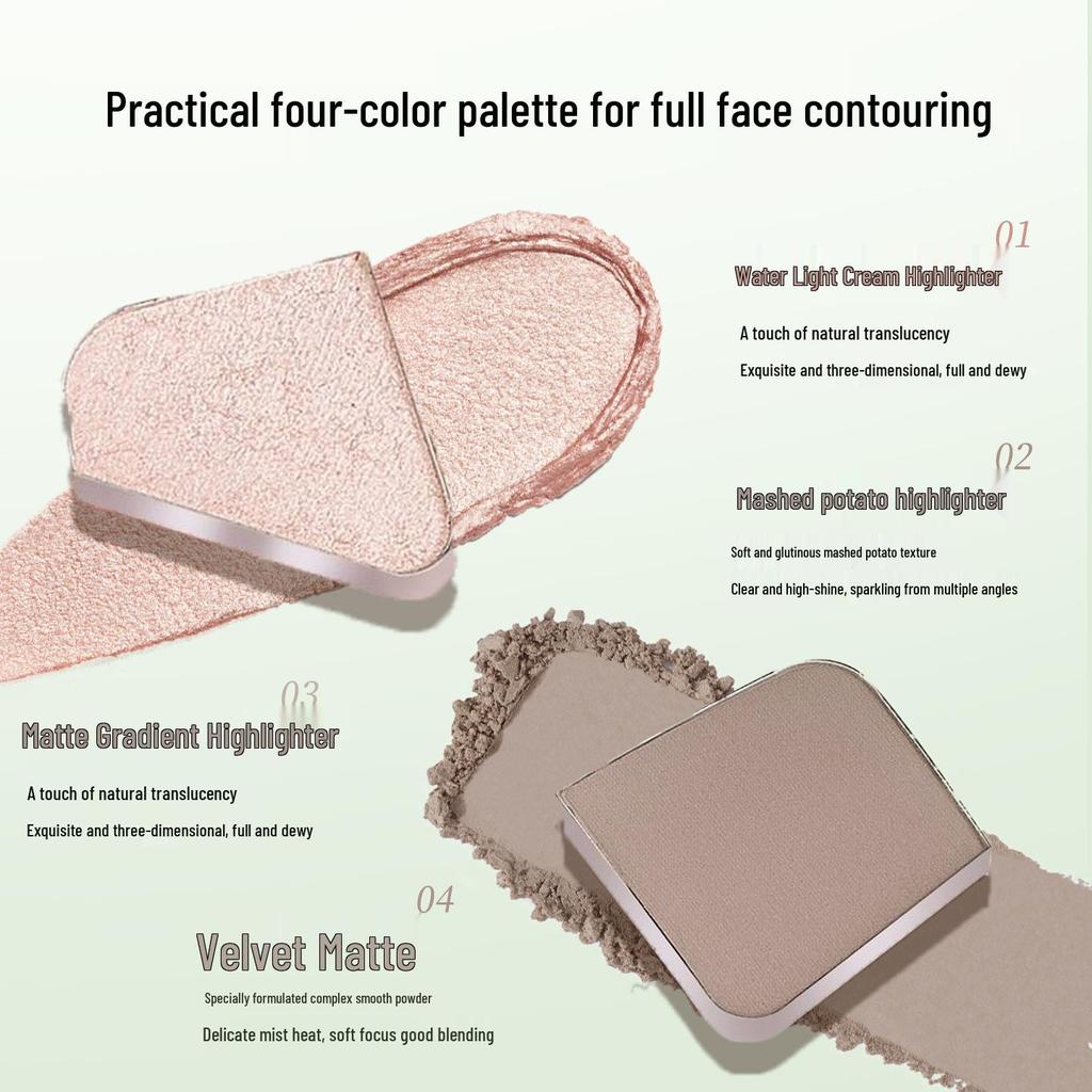 Huatang Four-Color Highlight Contour Palette: Matte Light & Shadow Nose Contour for Daily Use.