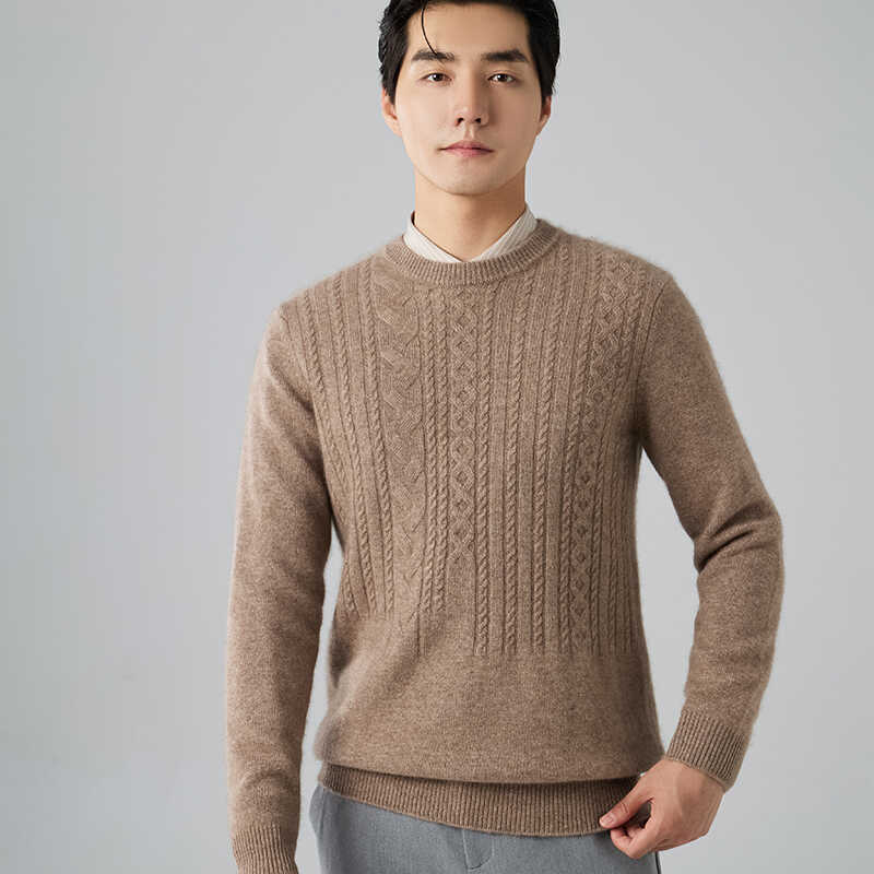 New light luxury cashmere sweater men's round neck thickened twisted sweater knitted bottomed wool sweater