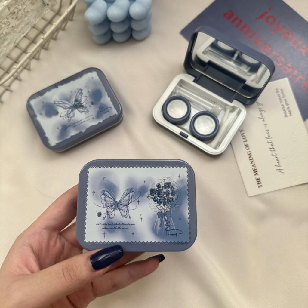 Romantic Ice Blue Rose Contact Lens Box Portable Contact Lens Case Companion Care Box Contact Lenses Case with Mirror Tweezers