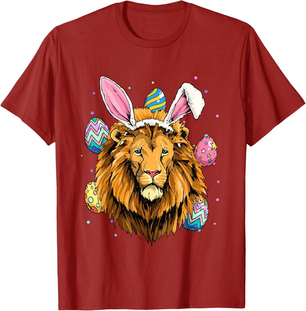 Lion Wearing Easter Bunny Ears Graphic Tee Cotton Short Sleeve Crew Neck Casual T-Shirt