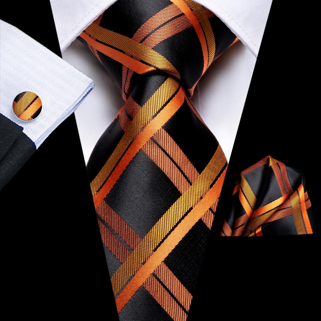 Hi-Tie Mens Necktie Luxury Orange Blue Novelty Wedding Tie For Men Hanky Cufflink Gift Tie Set Business Party Dropshipping