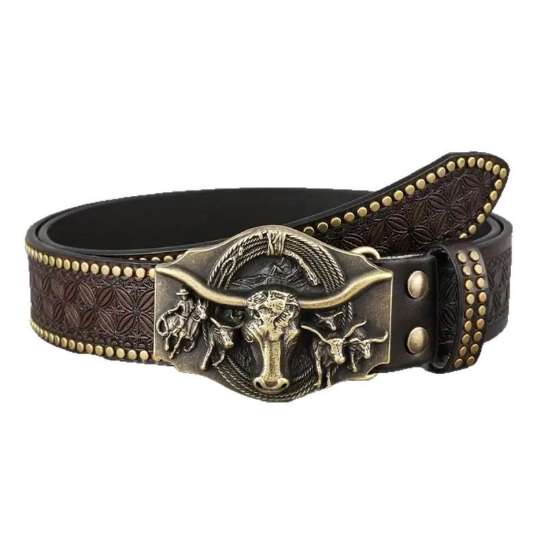 Western Cowboy Leather Belt Men Women Vintage Carved Eagle Bull Head Buckle Wide PU Casual Stylish Accessory