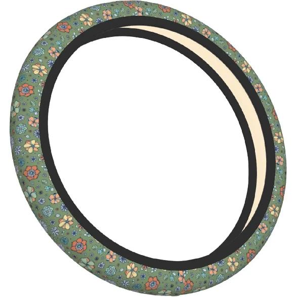 Sage Green Hippie Flower Auto Car Steering Wheel Cover Universal 15 Inch Neoprene Interior Decor Protection Accessories