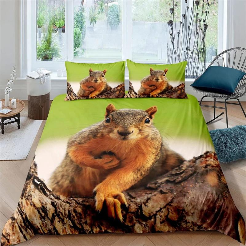 3D Squirrel King Queen Duvet Cover Lovely Animal Bedding Set for Kids Teens Adults Wildlife Green Leaves Soft 2/3pcs Quilt Cover