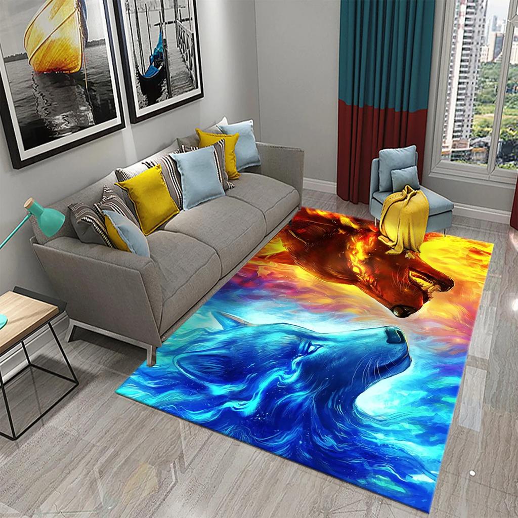3D Fire Animal Cool Tiger Wolf Carpet Children Play Crawling Carpet Living Room Bedroom Balcony Decor Rugs Bathroom Non-slip Mat