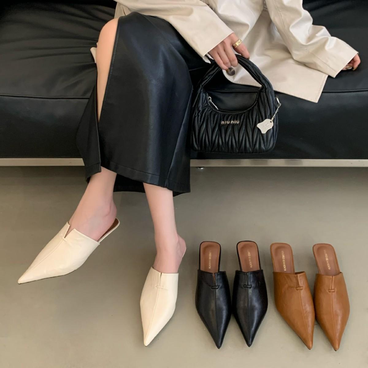 

2025 new autumn thin heel pointed cat heel half drag soft sole foot cover commuter work women s bag head shoes 39 чёрный