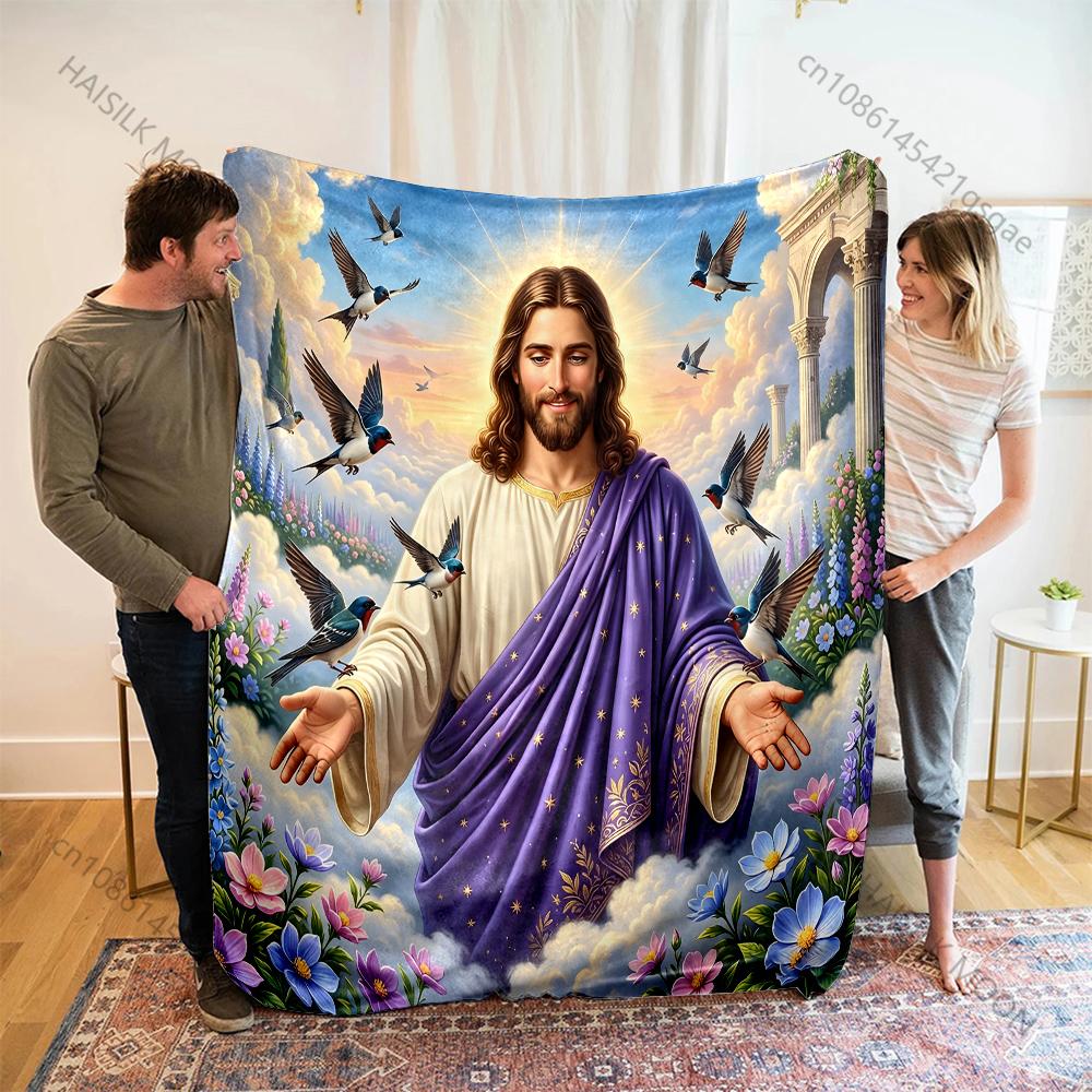 Jesus in Purple Robes with Flowers and Birds Print Blanket Warm Soft Fluffy Kids and Adult Sofa Bed Throw Blanket Travel Camping