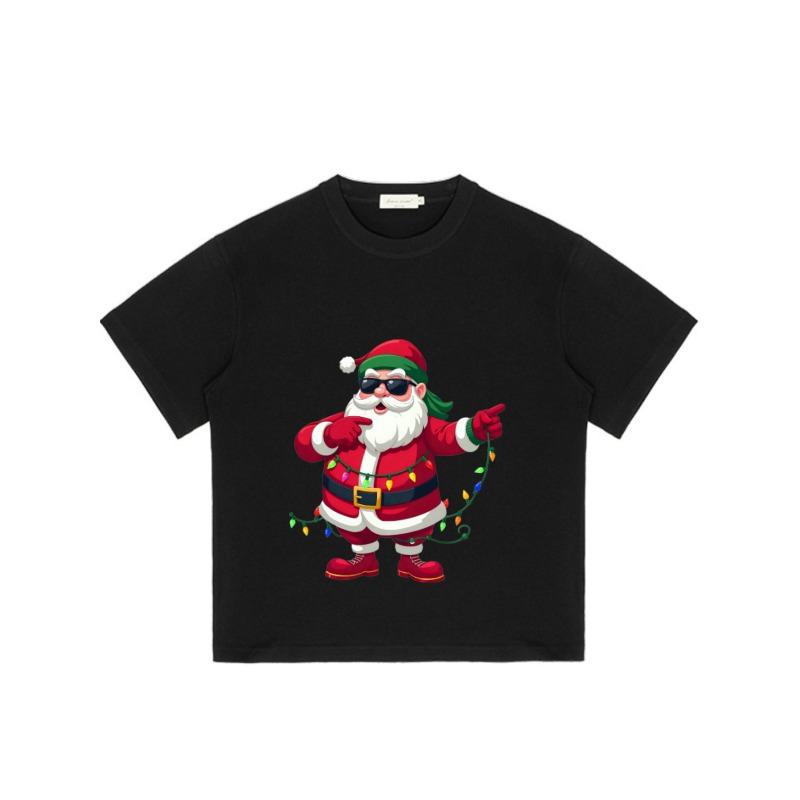 Christmas T Shirt Black Santa Claus with Sunglasses and Lights Print for Holiday Party