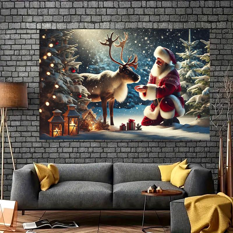 Santa Claus and Reindeer Winter Wonderland Polyester Fiber Banner - Multi-functional Holiday Decoration Party Home