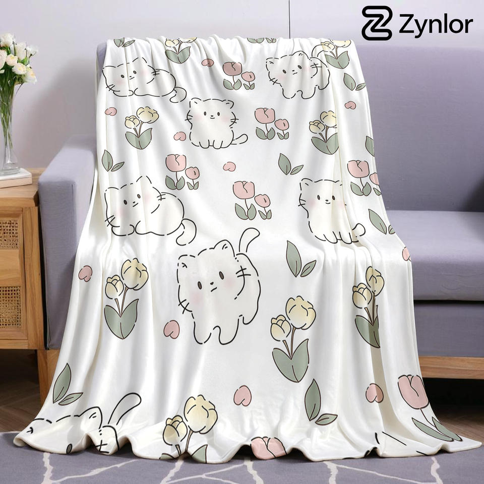 Tulip Kitten Sketch Cartoon Anime Print Flannel Blanket Soft Warm Throw for Kids Bedroom Sofa Bed Christmas Office Car