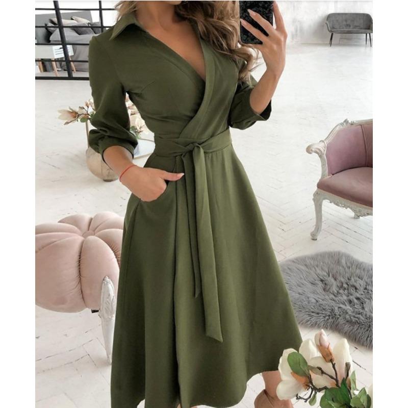 Abiti casual da donna, moda estate primavera, manica lunga, collo a polo, vita media