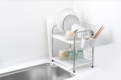 Pearl Metal 2-Tier Dish Drainer Basket with Plastic Tray and Stainless Steel Dish Drainer Rack, Litera HC-307