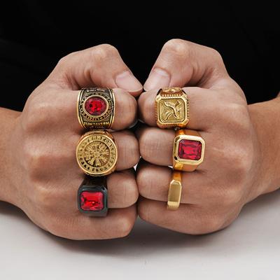 Vnox Punk Red CZ Stone Ring for Men, Gold Plated Stainless Steel Finger Band, Gothic Rock Square Metal Round Ring Jewelry Gifts