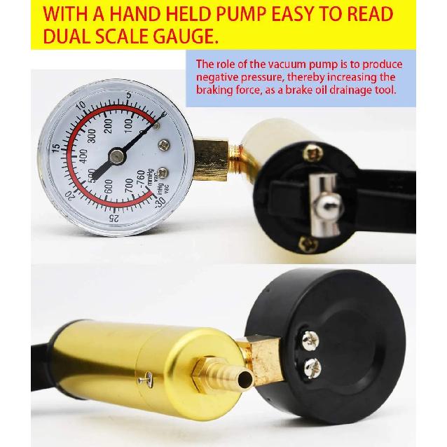 Vacuum pistol pump test kit, portable durable aluminum vacuum gauge manual vacuum pressure pump brake fluid discharge kit