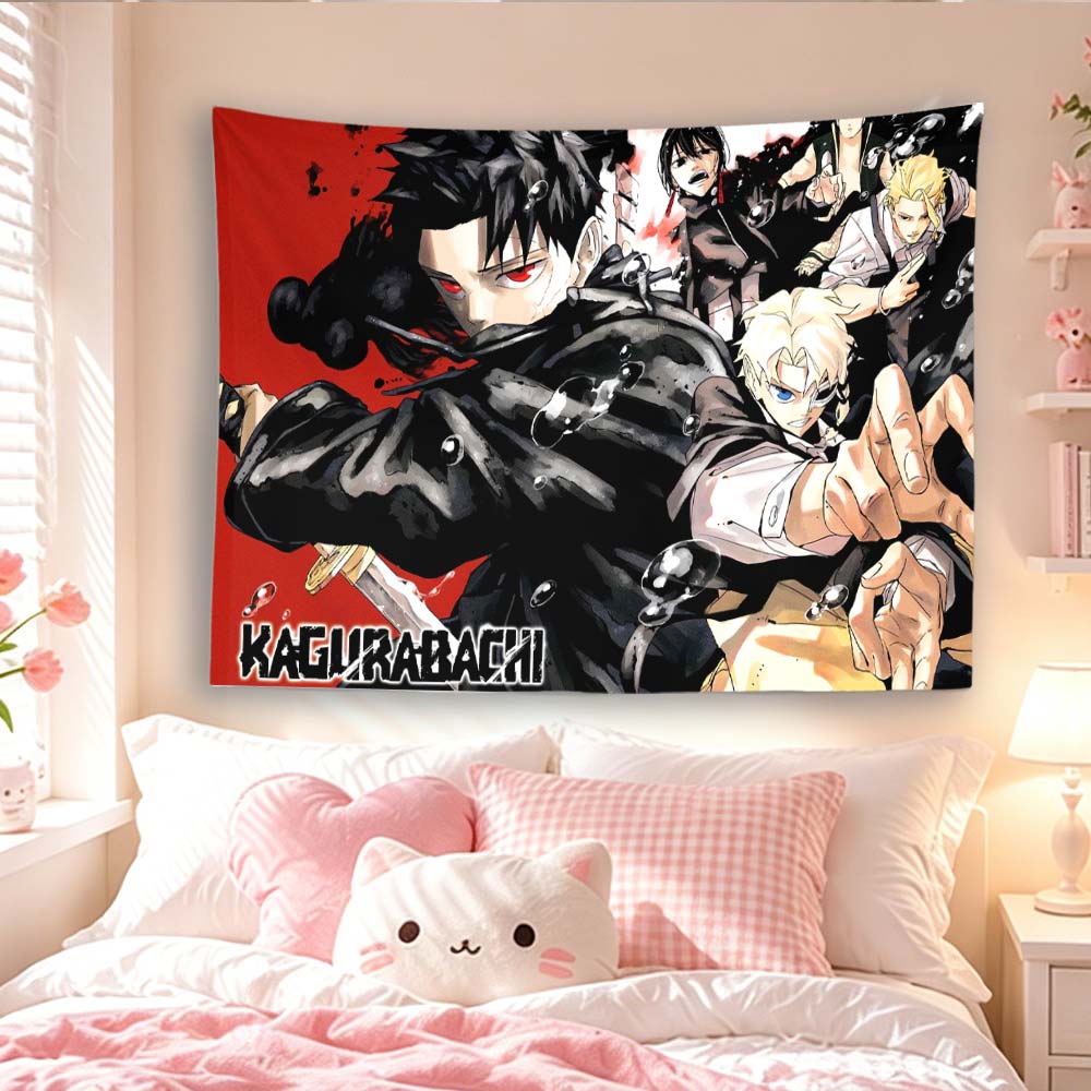 Kagurabachi Anime Tapestry Main Characters Group Print Wall Hanging, Japanese Shonen Manga Aesthetic Background Cloth