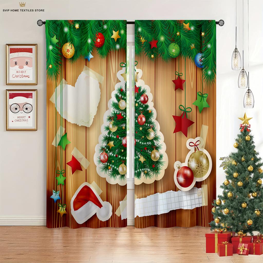 2pcs Snowflake Santa Claus Christmas Decorative Curtains Holiday Party Decorative Curtains New Year Gifts Machine Washable