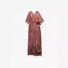 Elegant Burgundy Silk Wrap V-Neck Dress with Mid Sleeves