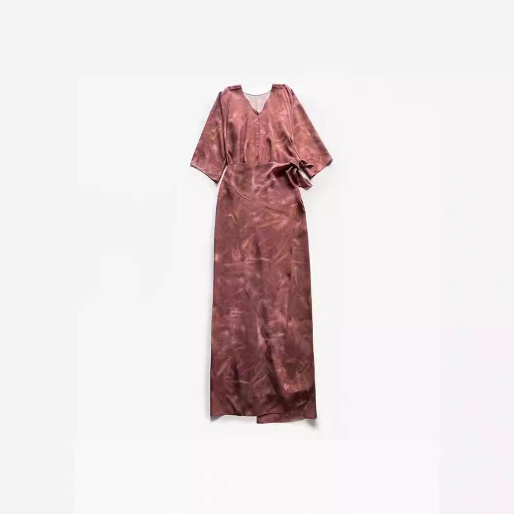 Elegant Burgundy Silk Wrap V-Neck Dress with Mid Sleeves